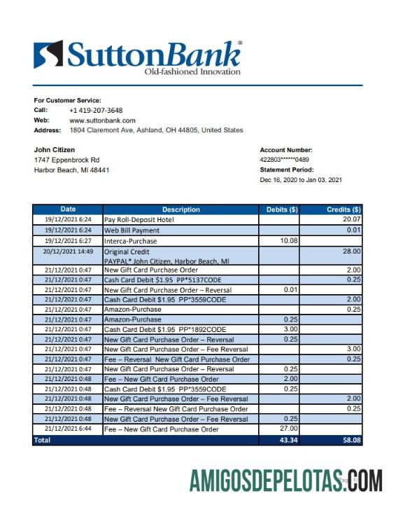 Modelo de extrato bancário dos EUA Ohio Sutton para download em formato de arquivo .xls e .pdf